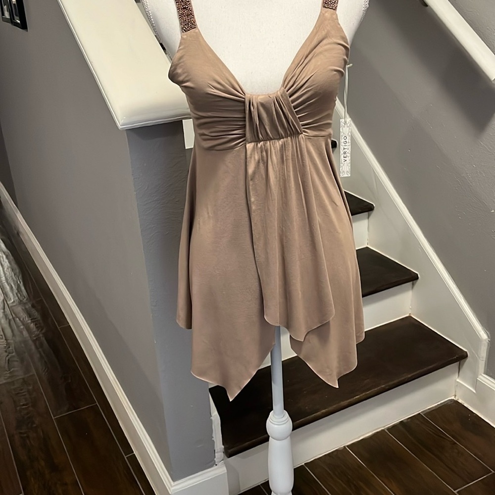 Vertigo top. Front strap Beaded. Taupe Sz Lg Gathered at bust. Empire style
